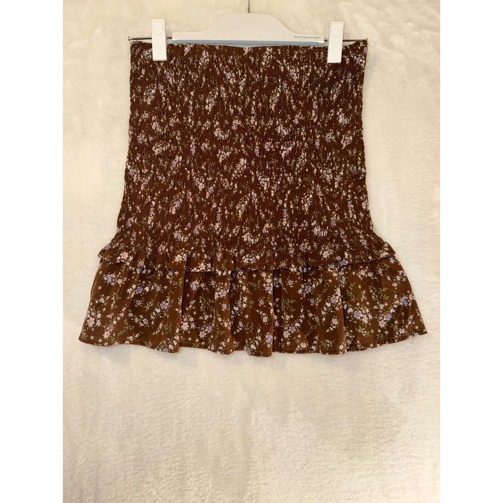 Lulus Brown Floral Smocked Mini Skirt Womens Size Small Boho Ruffle MT7161LSET‎